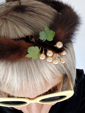 1950s Vintage Mink Fur Trim Halo Hat with Veil Mesh & Pearl Accents